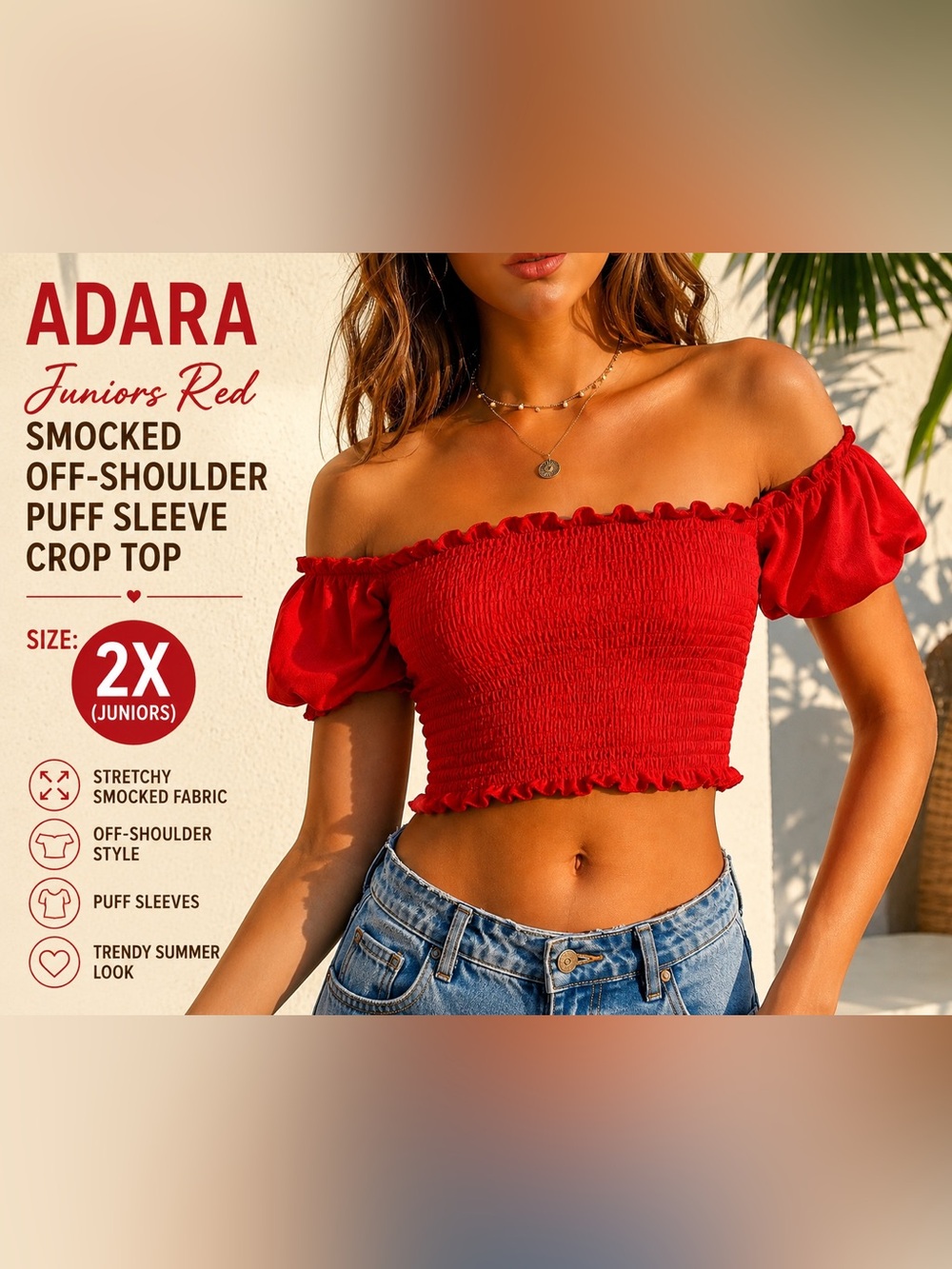 Adara Juniors 2X Red Smocked Off Shoulder Puff Sleeve Crop Top Boho